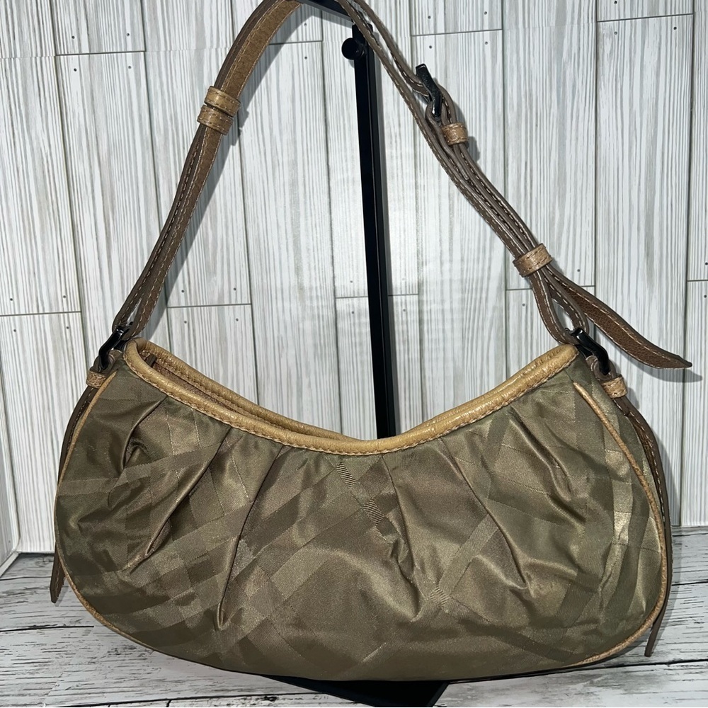 Burberry Shoulder Bag Olive Green Nylon Hobo Tote with Leather Trim - Picture 6 of 17